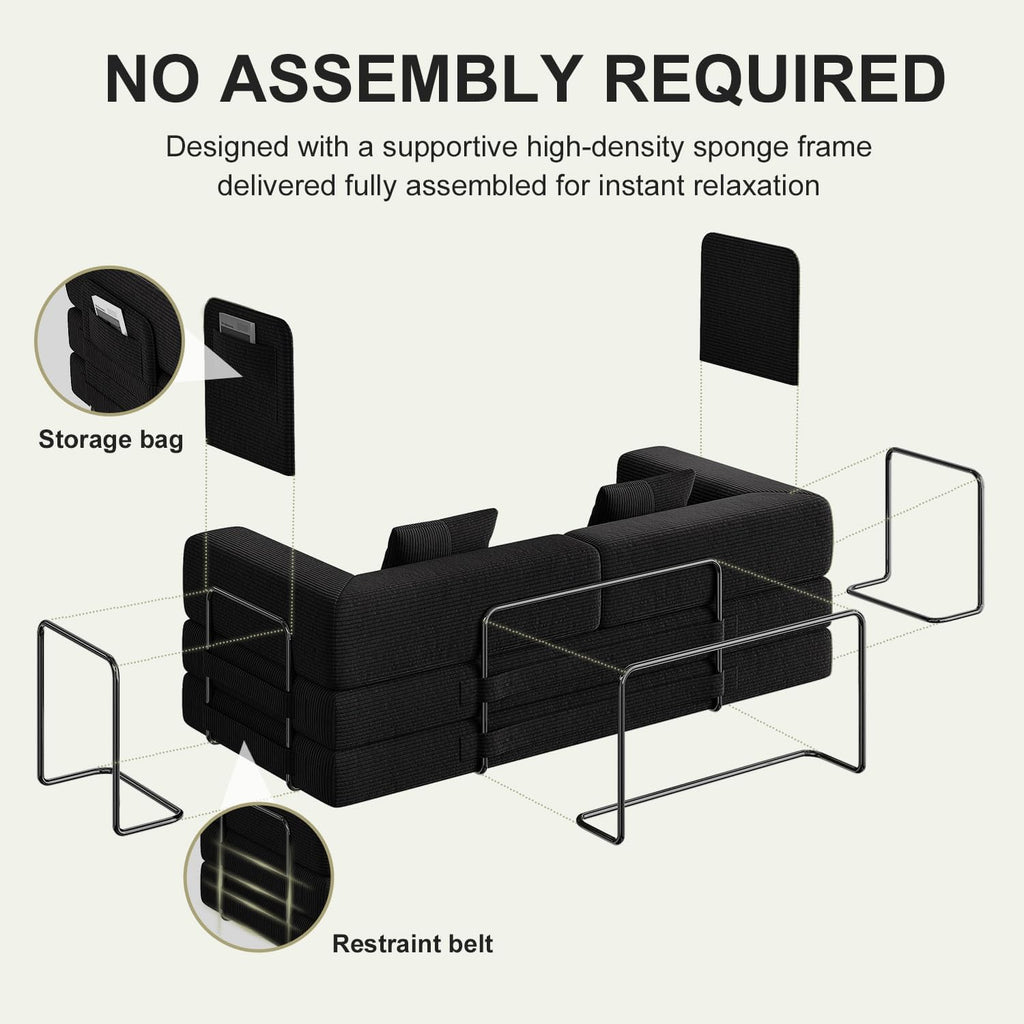 79.5" Convertible Futon Sofa Bed, Boneless Couch | Corduroy Boneless Loveseat Sleeper Sofa, Modular Futon Couch with