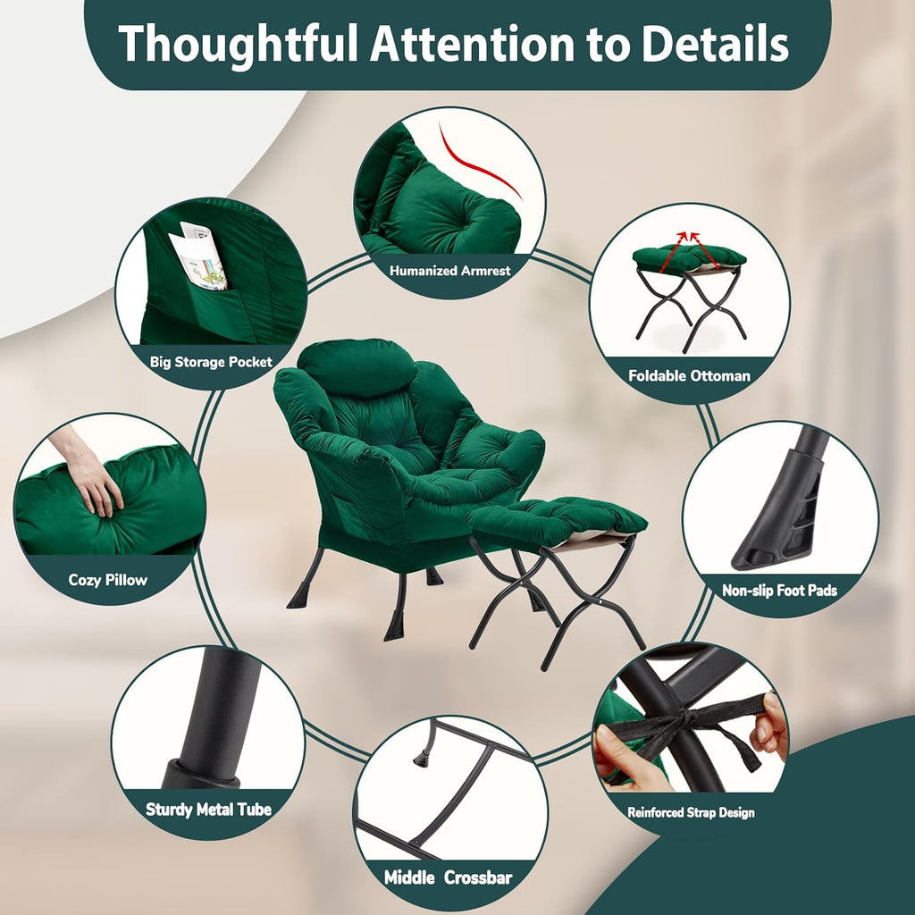 Lazy Chair with Folding Ottoman, Accent Chair Velvet Upholstered with Metal Structure and Non-Slip Pads, Sofa