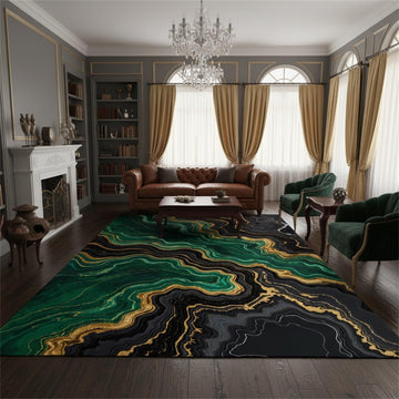 Emerald Green Black Gold Modern Abstract Marble Pattern Large Rugs Bedroom Dining Room Art Deco Aesthetic Unique