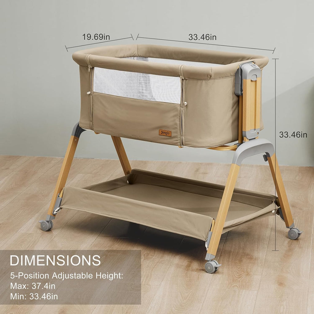 3-in-1 Baby Bassinet, Bedside Sleeper, Rocking Mode, Wheels (Khaki) | 5 heights, breathable mesh, comfy mattress with