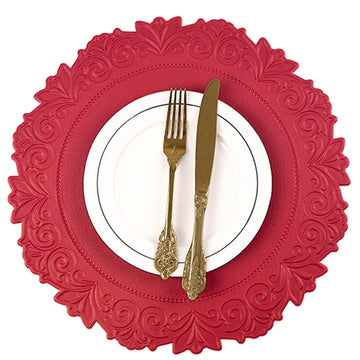 Round Faux Leather Placemats Set of 4, Dining Table Mats, Holly Red