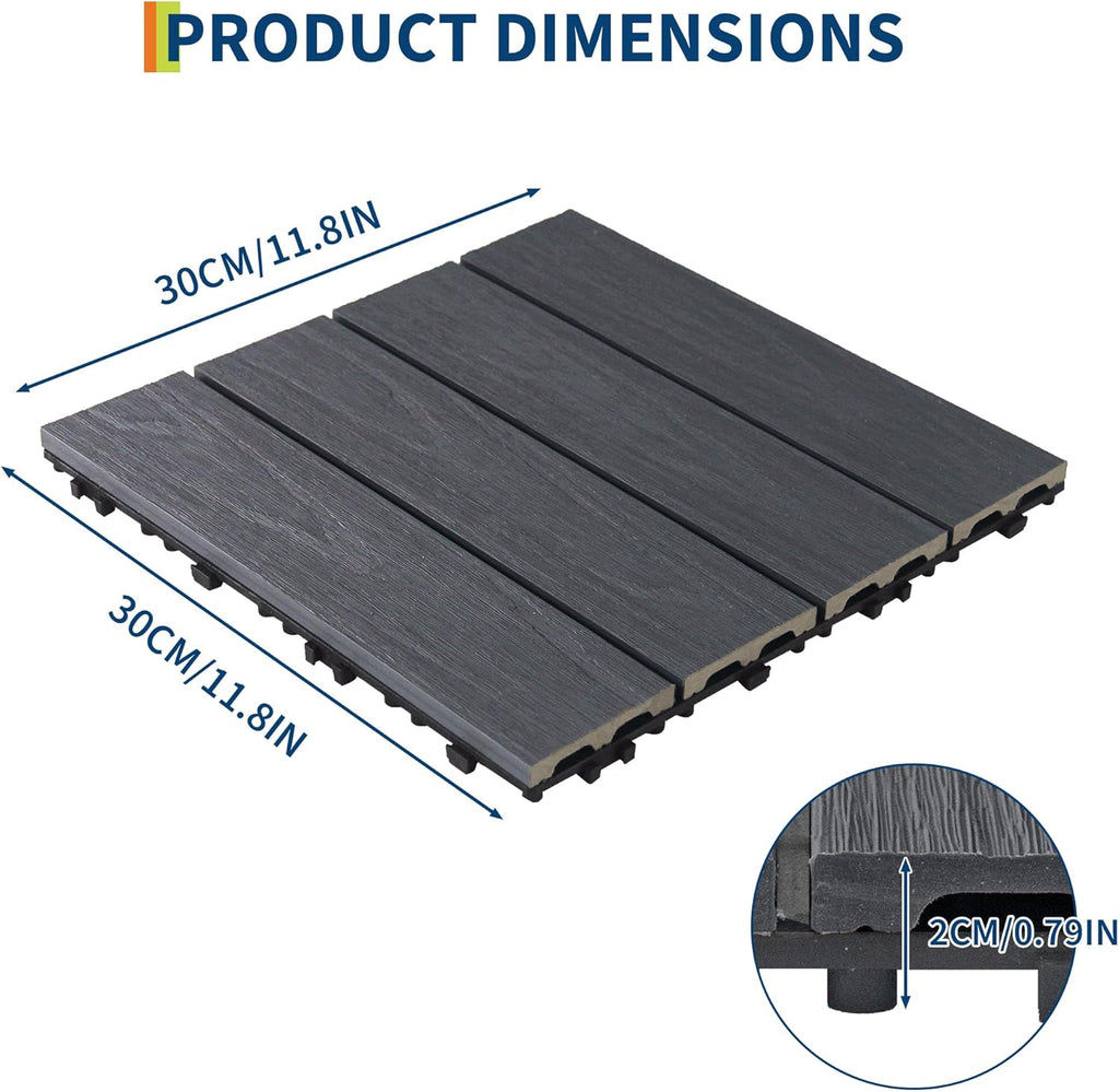 Waterproof Composite Interlocking Deck Tiles 12"X12", All-Weather Wood-Look Snap-Together Flooring for Patio, Balcony