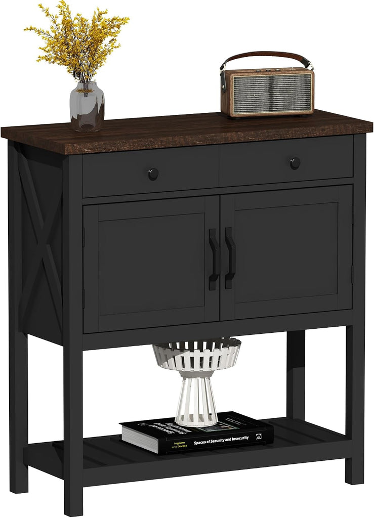 Farmhouse Console Table, Entryway Table with Storage Shelf, Coffee Bar Cabinet, Narrow Buffet Sideboard , Black
