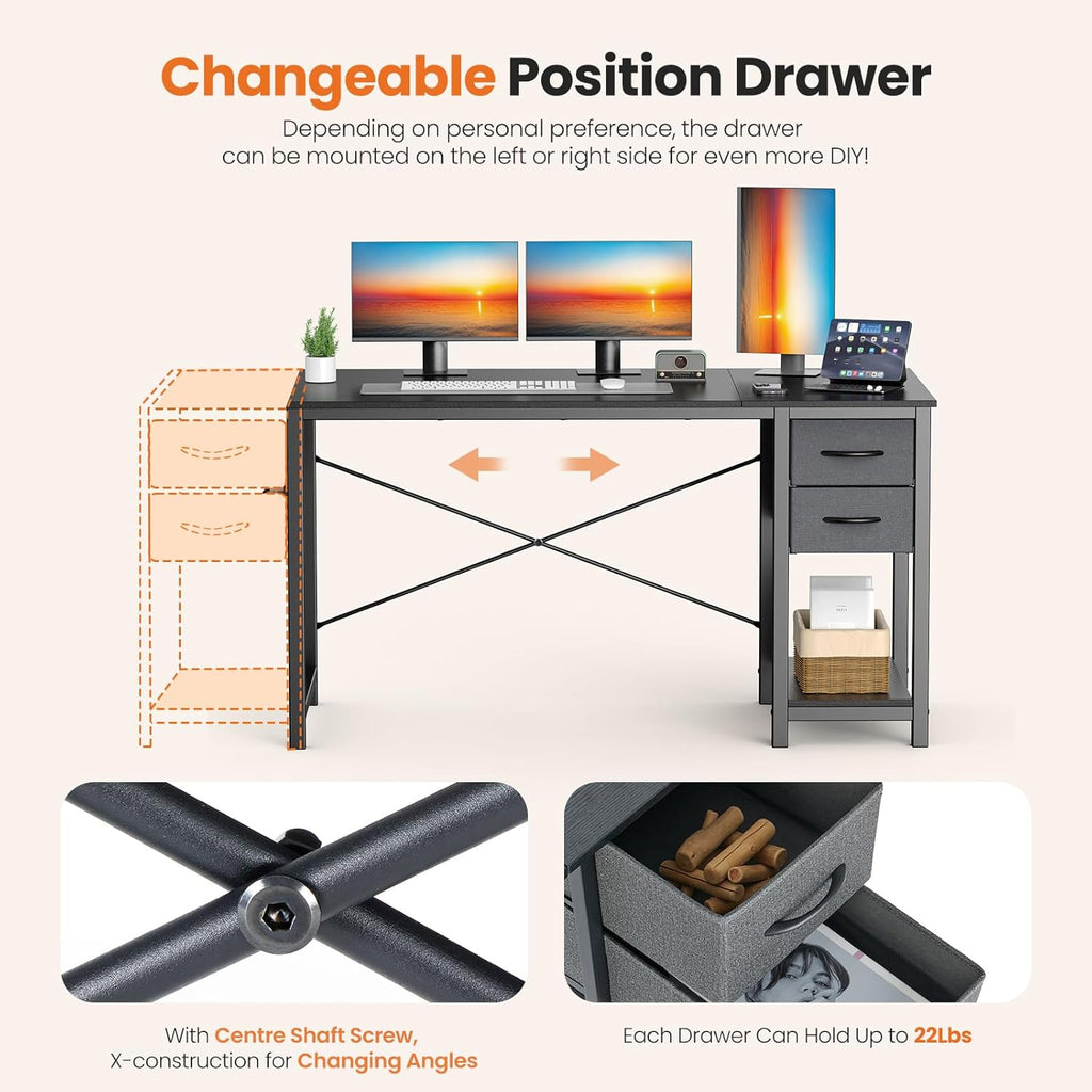 47 Inch Computer Desk with Drawers, Writing Desk with X-Shaped Reinforcement