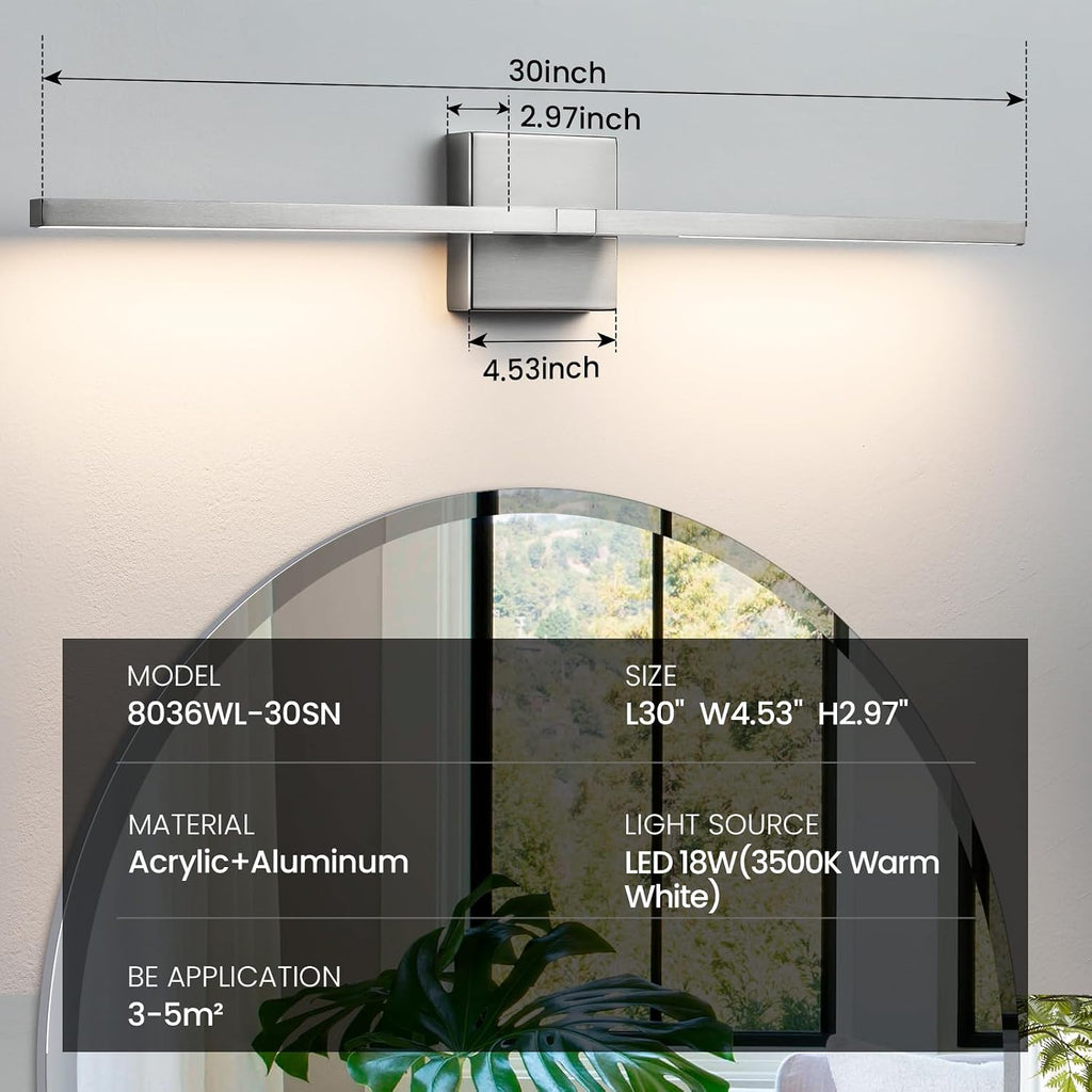 Bathroom Vanity Light Fixtures - 30inch Dimmable Brushed Nickel Bathroom Lights Over Mirror 18W LED Vanity Light Bar