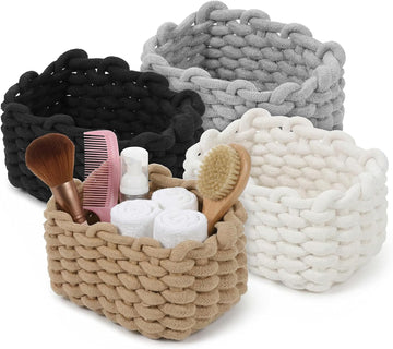 Small Woven Decorative Baskets, 4pcs Mini Cotton Rope Basket Set for Storage, Woven Square Baskets for Organizing