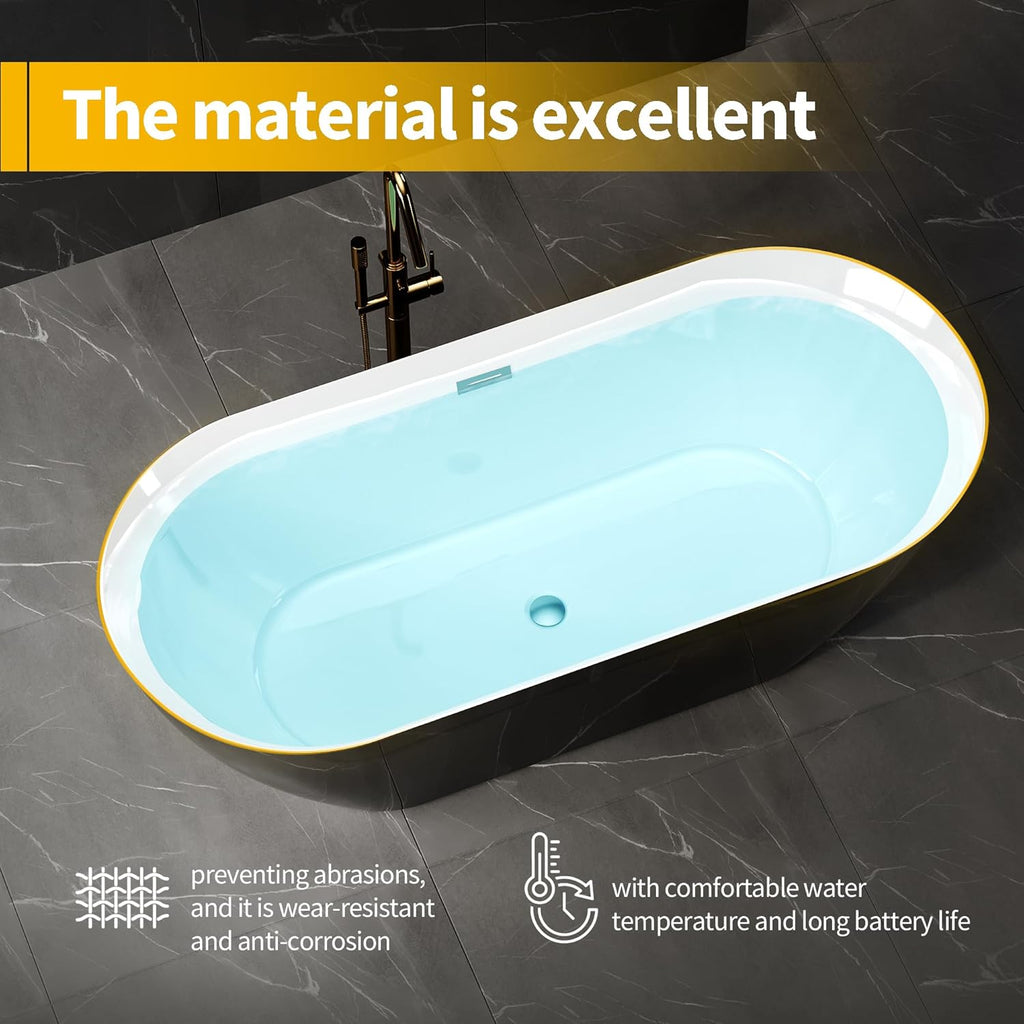 59 Inch Acrylic Freestanding Bathtub, Deep Soaking Tub with White Interior Black Exterior, Oval Stand Alone Acrylic