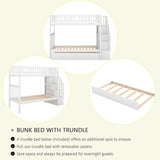 Twin Over Twin Bunk Bed with Trundle, Storage Staircase and Full Length Guardrail, Solid Wood Stairway Bunk Bed