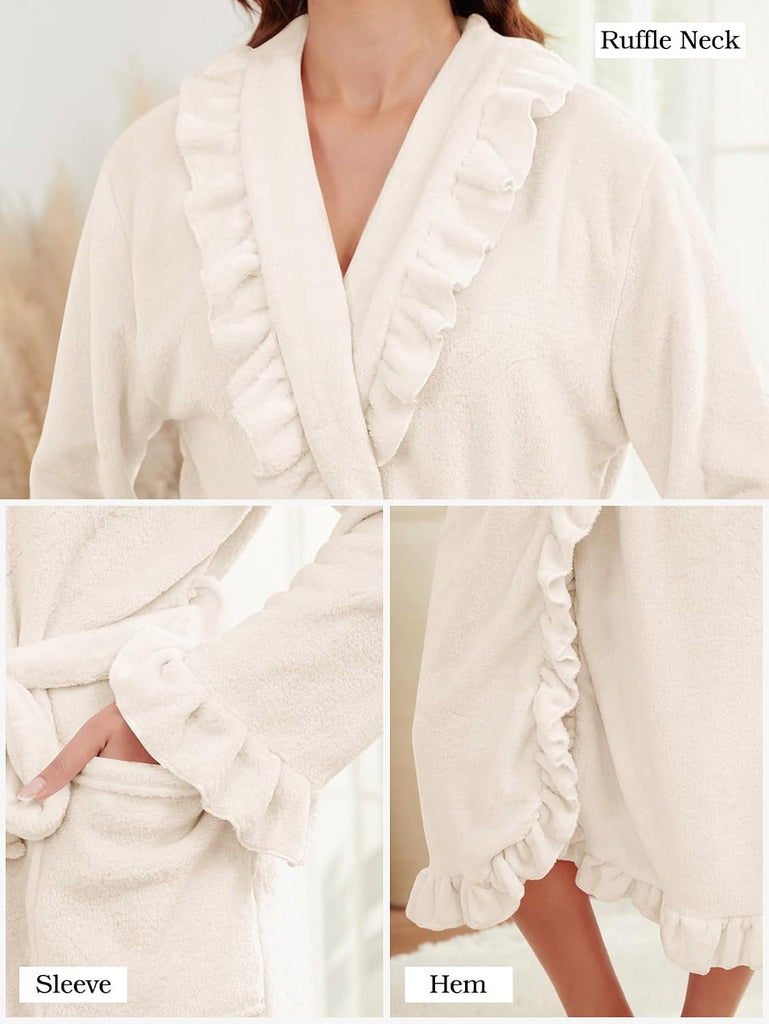 Women's Long Fleece Robe Plush Fluffy Fuzzy Ruffle Bath Robe Warm Loungewear