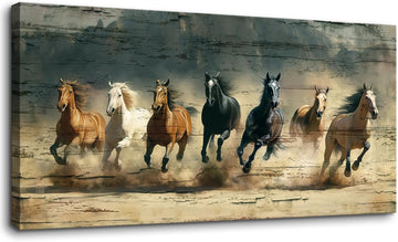 Rustic Running Horses Wall Art, Large Western Canvas Print , Wild Stallion Painting, Vintage Farmhouse Decor, Cowboy