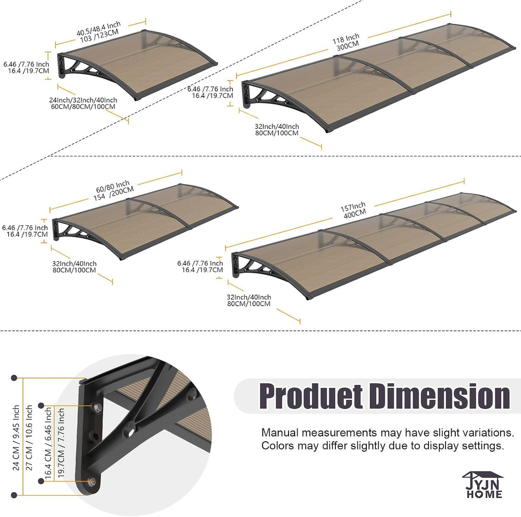 40x60 Window Door Awning Exterior,Polycarbonate Outdoor Overhang Canopy Shelter,UPF 50+ UV Rain Snow Sun