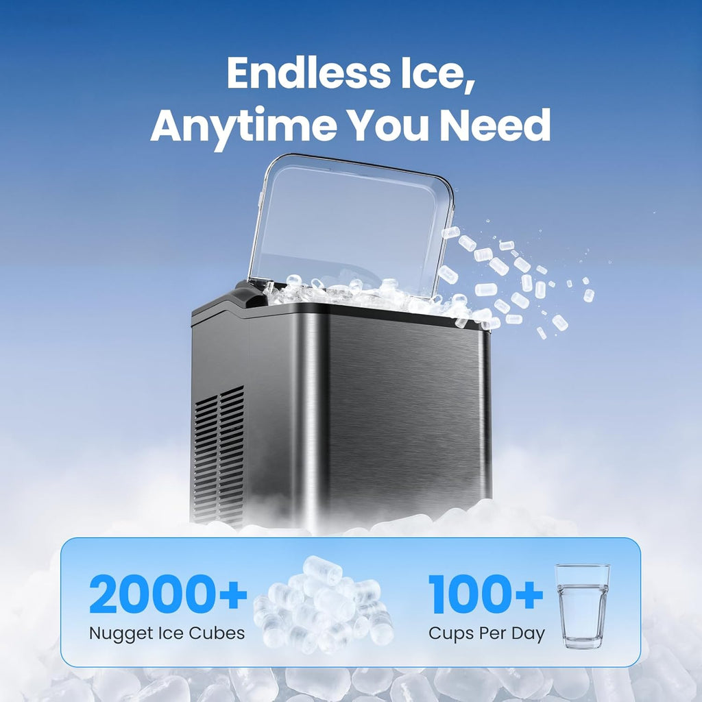 Nugget Ice Maker Countertop, Fast 35lbs/24H Sonic Pebble Ice Machine, Self-Cleaning Anti-Scale System, Stainless