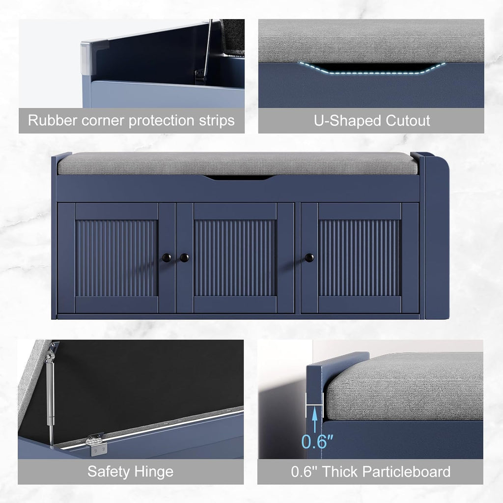 42.6" Entryway Shoe Storage Bench with Padded Seat, 3 Doors and Side Shelves, Lift Top Storage Bench for Shoes