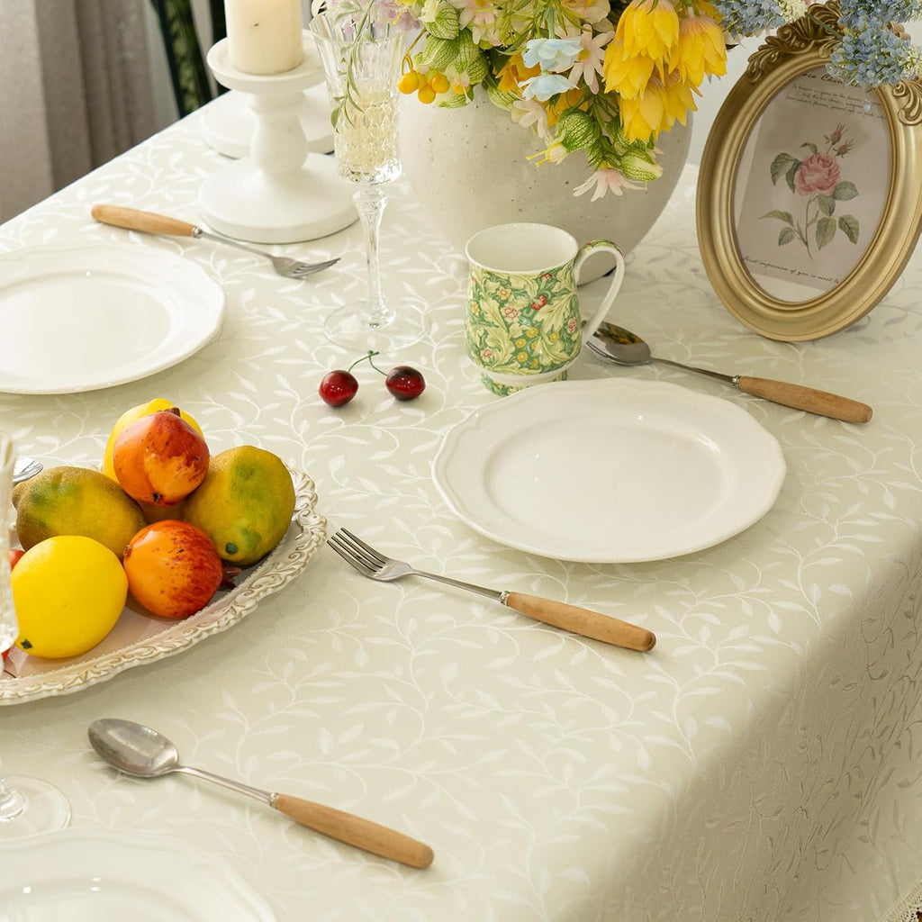 Textured Tablecloth Waterproof Spillproof Lace Trim Rectangle Jacquard Fabric Table Cloth, Kitchen D