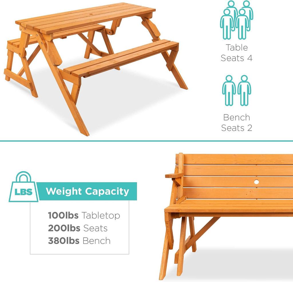 2-in-1 Transforming Interchangeable Outdoor Wooden Picnic Table Garden Bench for Backyard, Porch, Patio, Deck