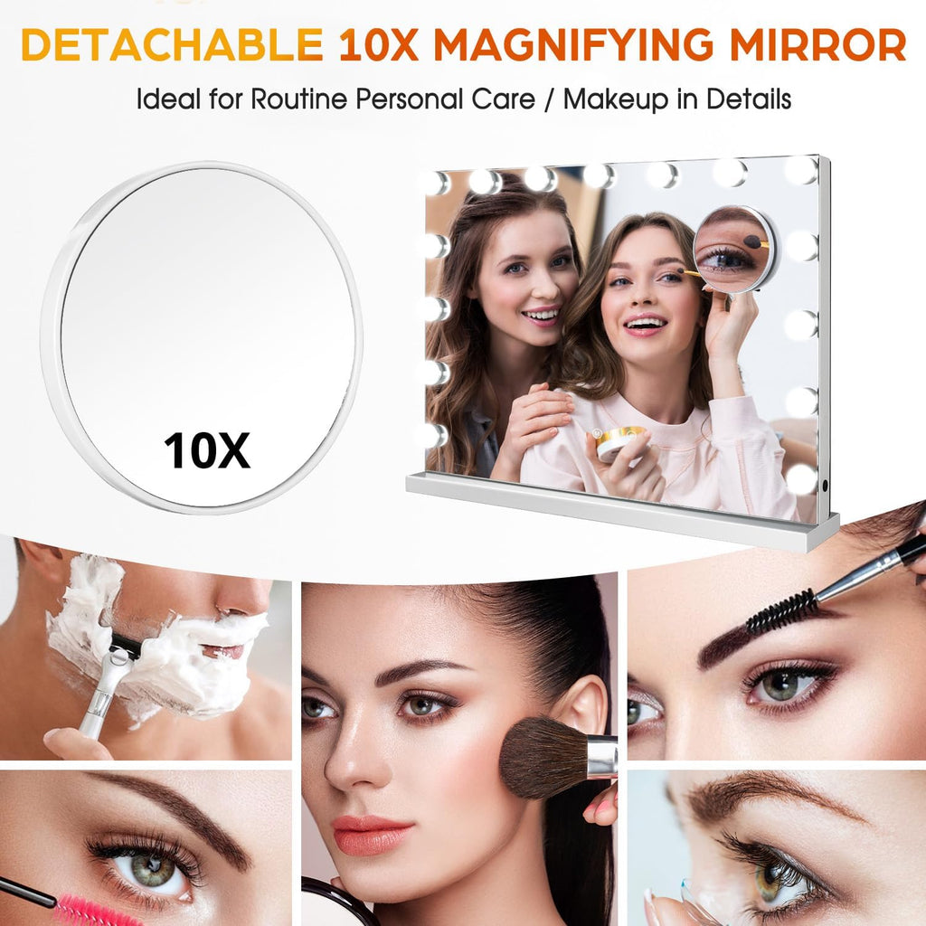 Hollywood Vanity Mirror with Dimmable 15LED Bulbs Lights 3 Lighting Modes 2in1 Large Lighted Makeup Mirror for Desk