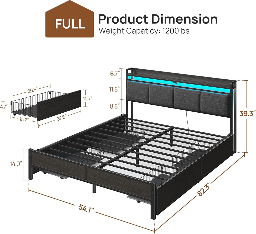 Bed Frame Full with Charging Station and LED Lights, Upholstered Storage Headboard with Drawers