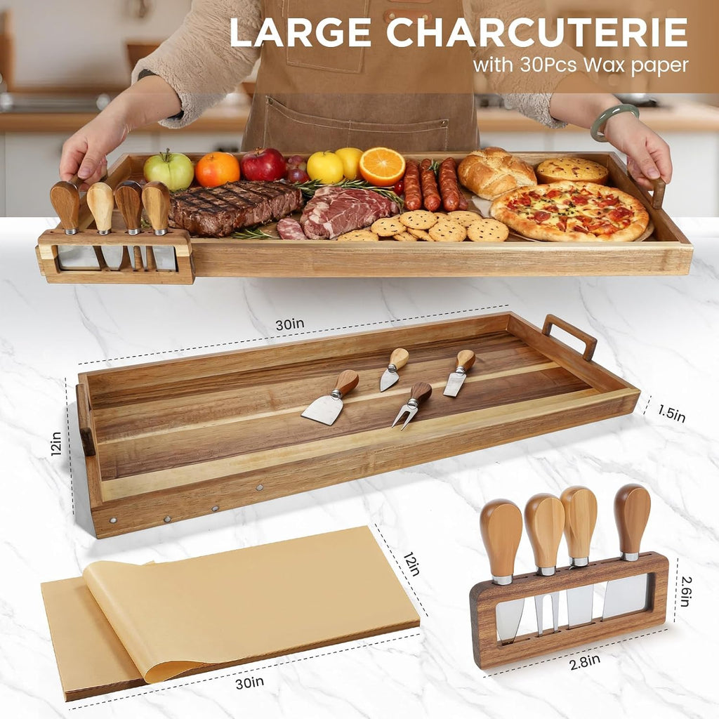 Large Charcuterie Board 30x12 Inch with Cheese Knife Set Acacia Wood | Extra Large Acacia Wood Board with