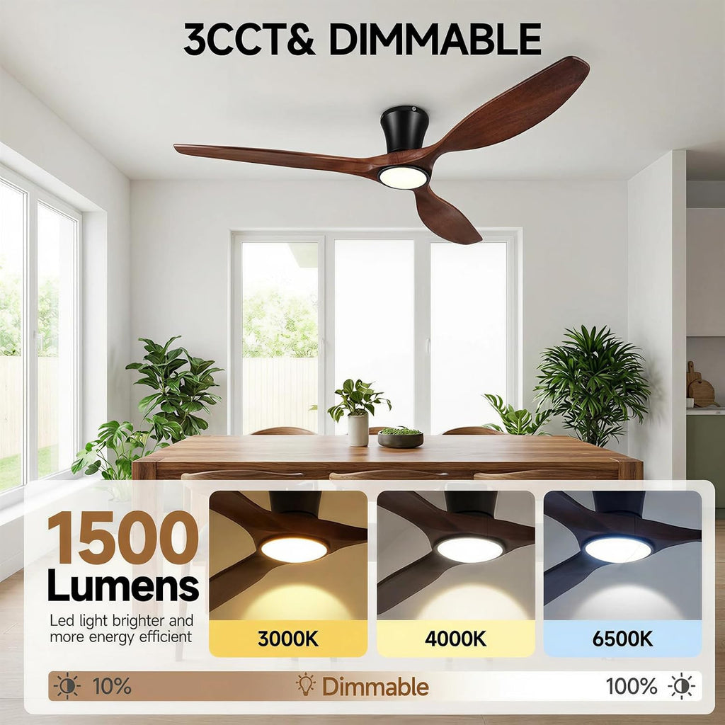 52" Wood Ceiling Fan with Lights, Flush Mount Low Profile Ceiling Fan with Remote Control, Dimmable LED