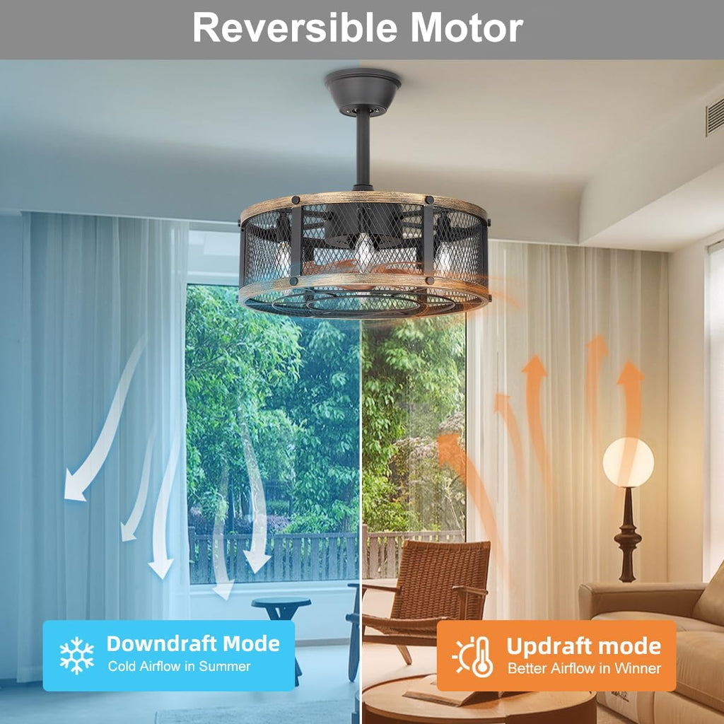 19" Farmhouse Caged Ceiling Fan with Light, 6-Lights, Rustic Ceiling Fans with Lights and Remote, Bladeless Ceiling Fan with Light for Kitchen, Living Room