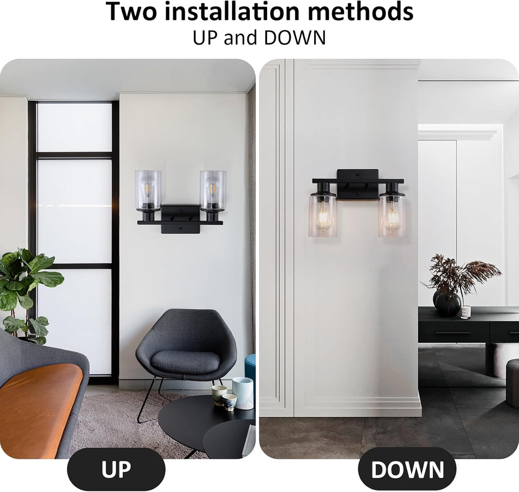 2-Light Matte Black Bathroom Vanity Light,Bathroom Light Fixtures Over Mirror with Clear Glass Shade,Modern Farmhouse