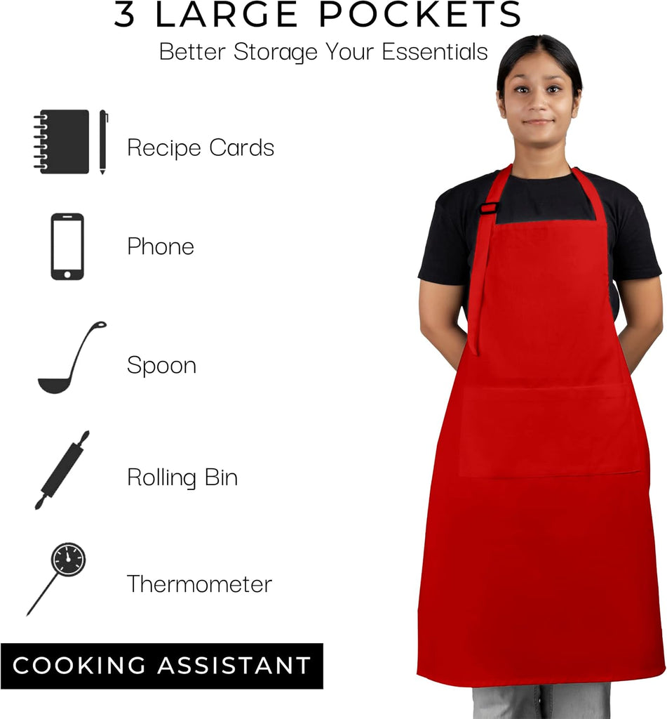 100% Cotton Cooking Apron with 3 Pockets Kitchen Chef BBQ Adjustable Bib Aprons for Women Men