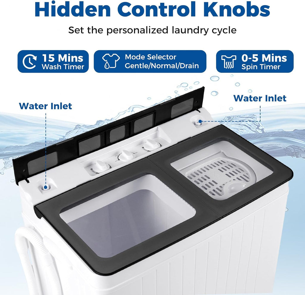Portable Washing Machine, 26LBS Twin Tub Mini Compact Laundry Washer Spinner Combo with Drain Pump, 18Lbs Washer and 8Lbs Spinner for Apartments, RVs, Dorms, Gray+White