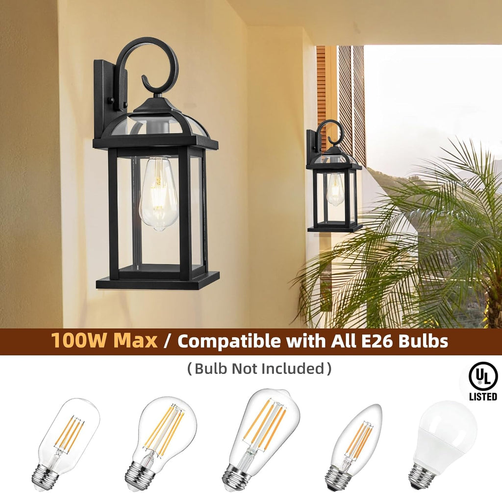 Black Exterior Light Fixtures 2-Pack, Anti-Rust Aluminum Outdoor Wall Lights for House Porch Lights IP65 Waterproof Cl