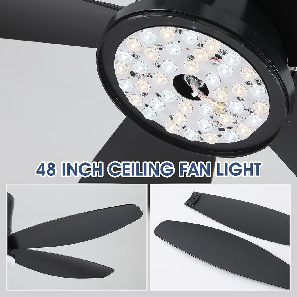 Flush Mount RGB Ceiling Fans with Lights-48 Low Profile Ceiling Fan with Light and Remote/APP Control,DC Reversible,LED Dimmable Blakc Ceiling Fans for Bedroom,Indoor/Outdoor Patio Use
