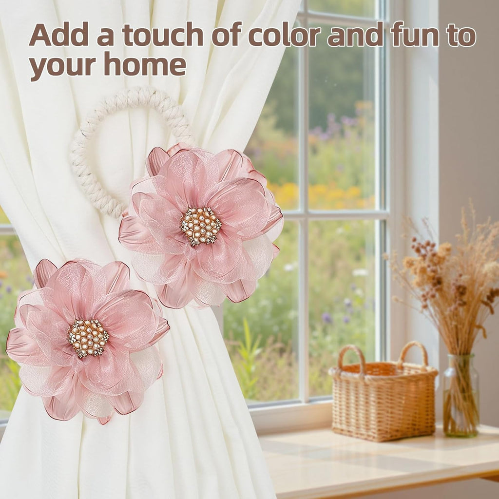 2 Pack Flower Curtain Holdbacks, No Drill Curtain Tiebacks for Drapes, Premium Fabric Curtain Ties, Decorative