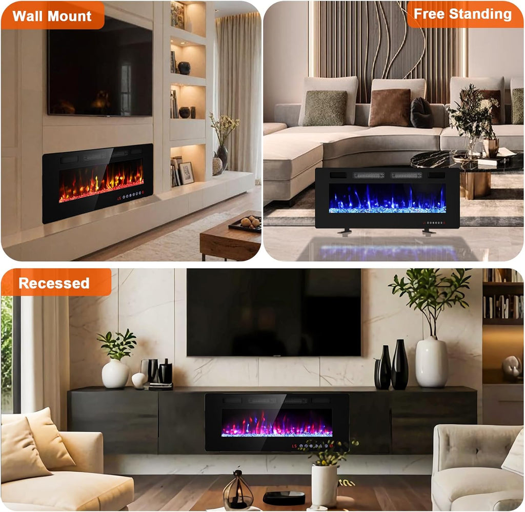 42" Ultra Thin Electric Fireplace Insert-ETL Certified, Recessed/Wall Mount, 3D Flame with Crystal