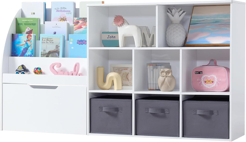 Kids Bookshelf and Toy Storage, 58.5'' Toy Storage Organizer with Movable Chests & 3 Storage Bins, Large Kids Reading