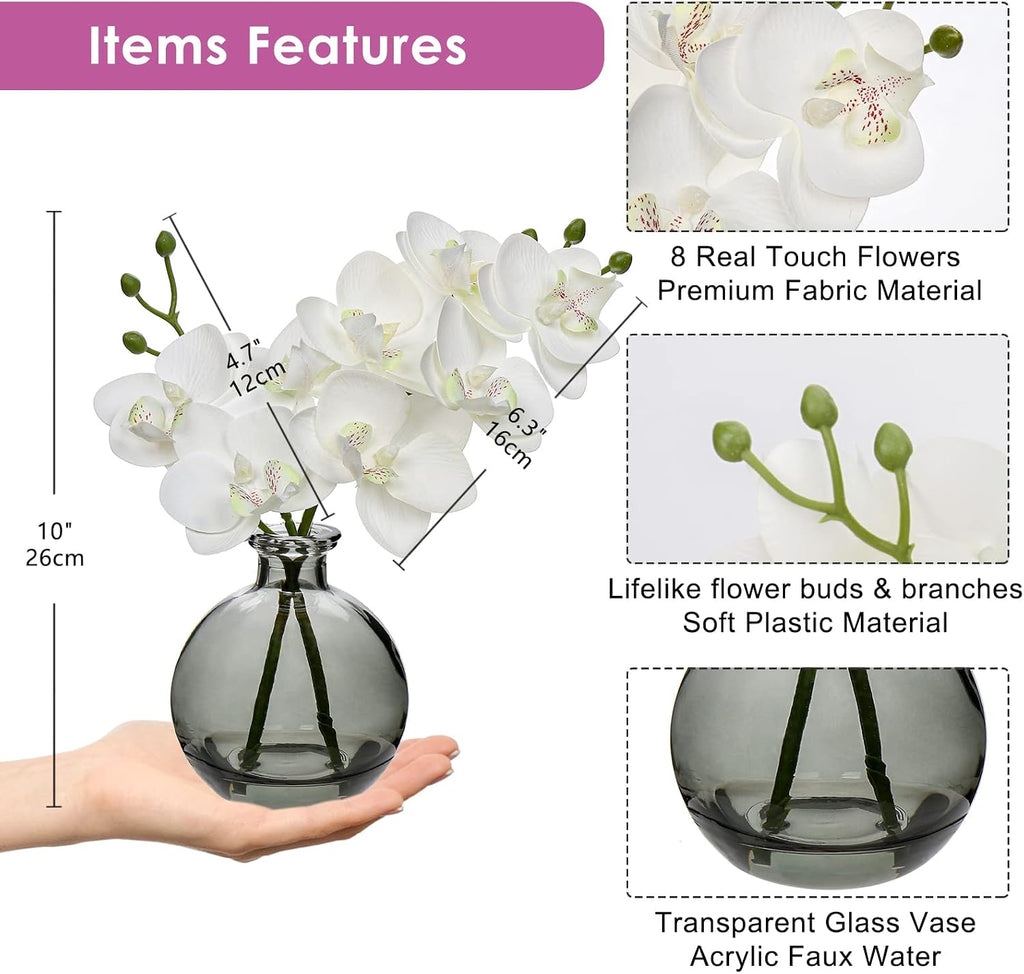 White Orchids Artificial Flowers Faux Orchid Arrangement with Black Glass Vase Set of 2 Real Touch Phalaenopsis