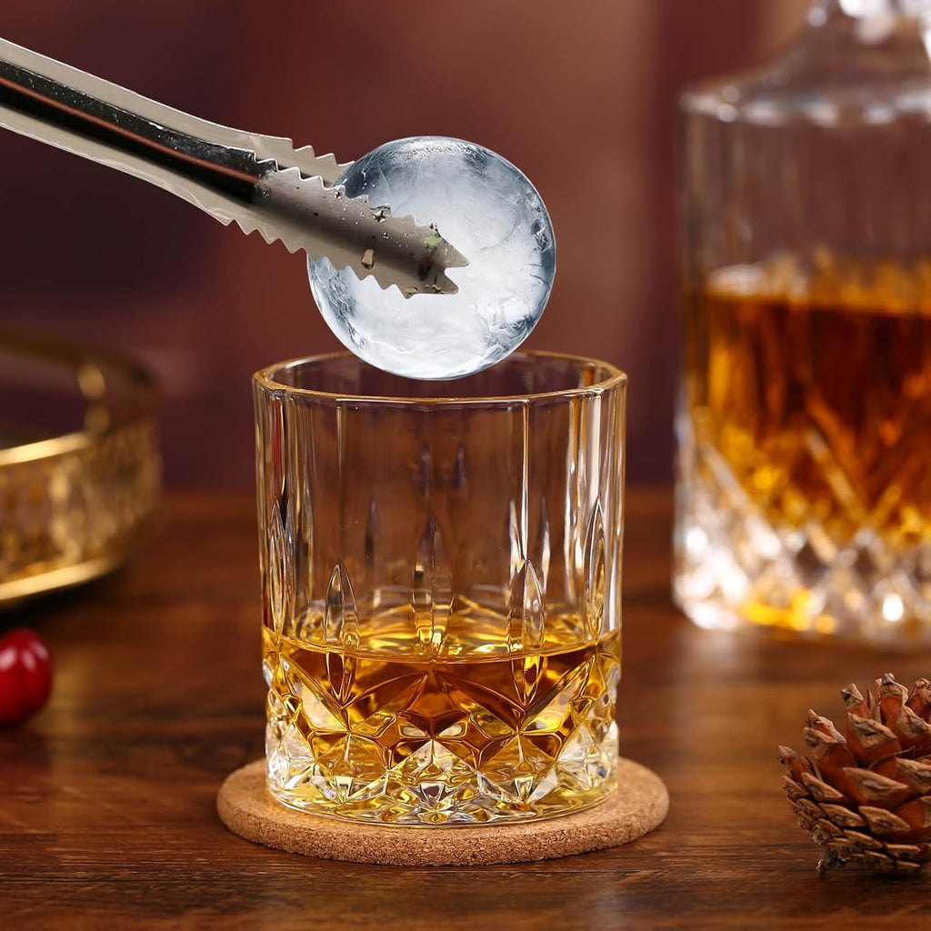 Crystal Whiskey Decanter Set In Gift Box - Includes 4 Crystal Whiskey Glasses and 4 Big Ice Ball Molds - Unique - Set of 9