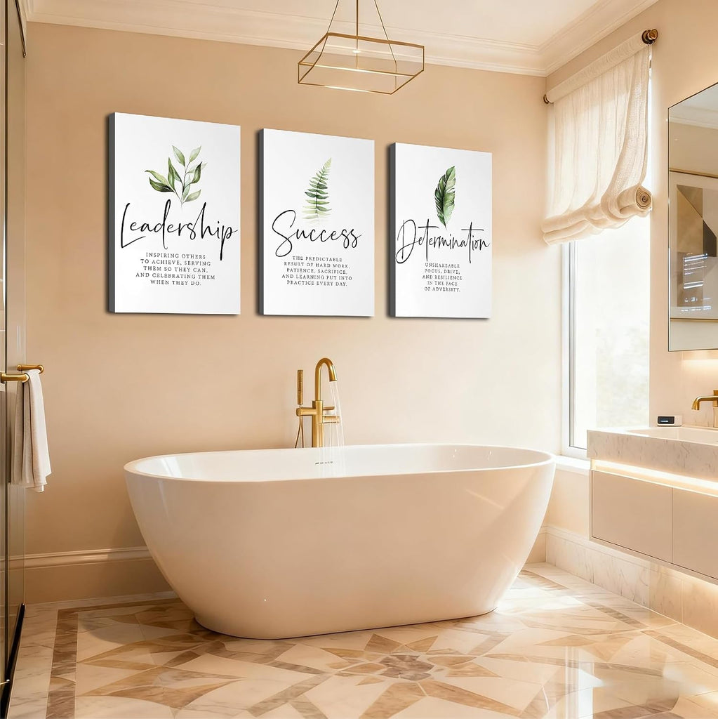 Set of 3 Framed Canvas Art - Motivational Office Wall Decor, Leadership/Success Quotes with Leaves, Inspirational
