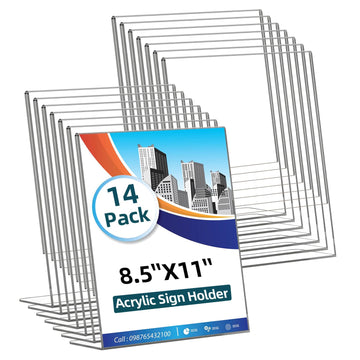 14 Pack Acrylic Sign Holder 8.5x11 Inches, Clear Tabletop Plastic Paper Display Stand, L-Shape Vertical Menu Holder