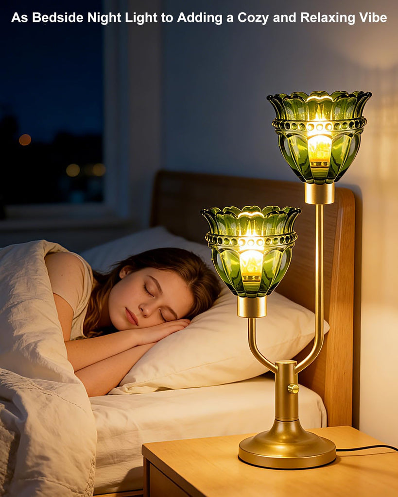 Mid Century Modern Glass Green Table Lamp 2-Light Gold Dimmable Desk Lamps with Crown Glass Shade & 3000K Warmwhite