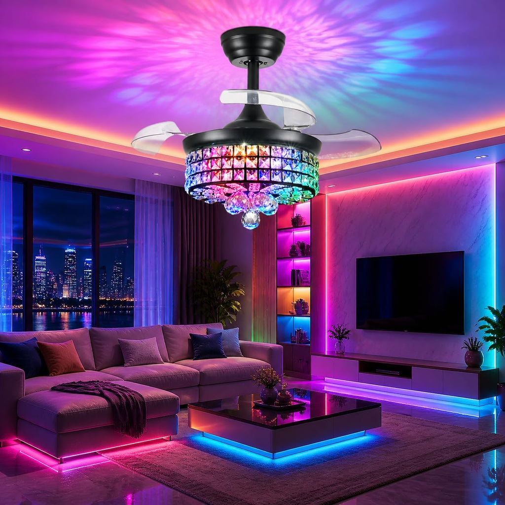30" RGB Crystal Ceiling Fan with Light, Retractable Modern Chandelier Fan 6 Speeds Reversible Blades Black