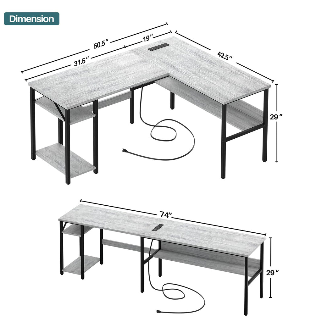 L Shaped Computer Desk with Magic Power Outlets and USB Charging Ports, Sturdy Reversible Corner Desk with Storage