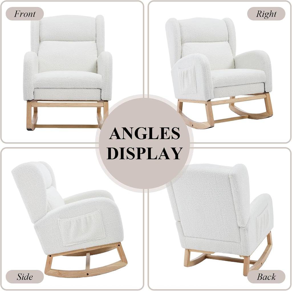 Nursery Rocking Chair with Footrest, Teddy Upholstered Glider Chair, Rocker Nursery Chair with Side Pocket, Glider
