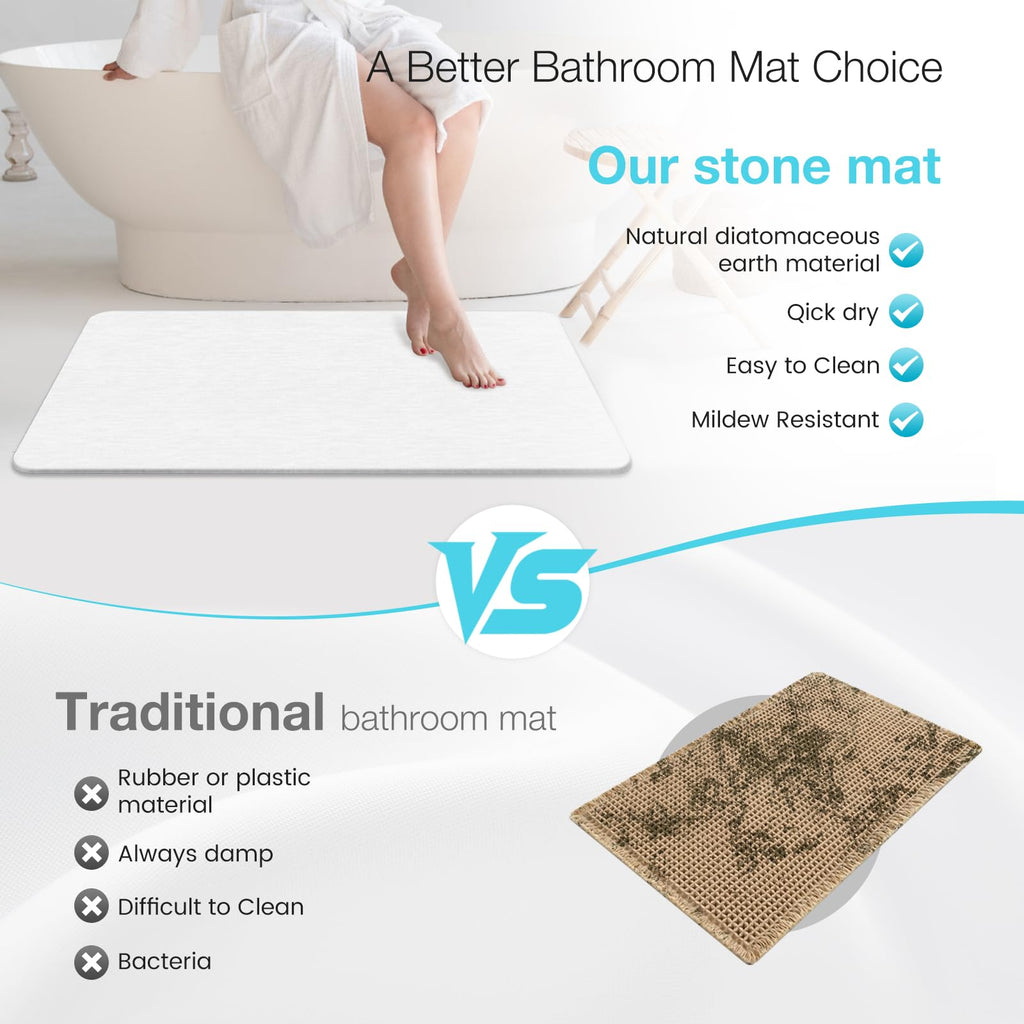 Large Fast Drying Diatomite Stone Bath Mat, 30" x 17" White