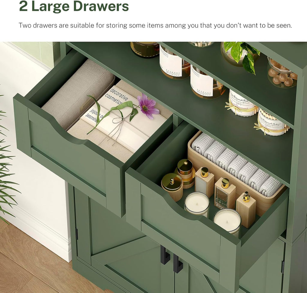 Bathroom Cabinet with Adjustable Shelf & 2 Drawers, Farmhouse Storage Cabinet with 2 Doors, Kitchen Storage Cabinets