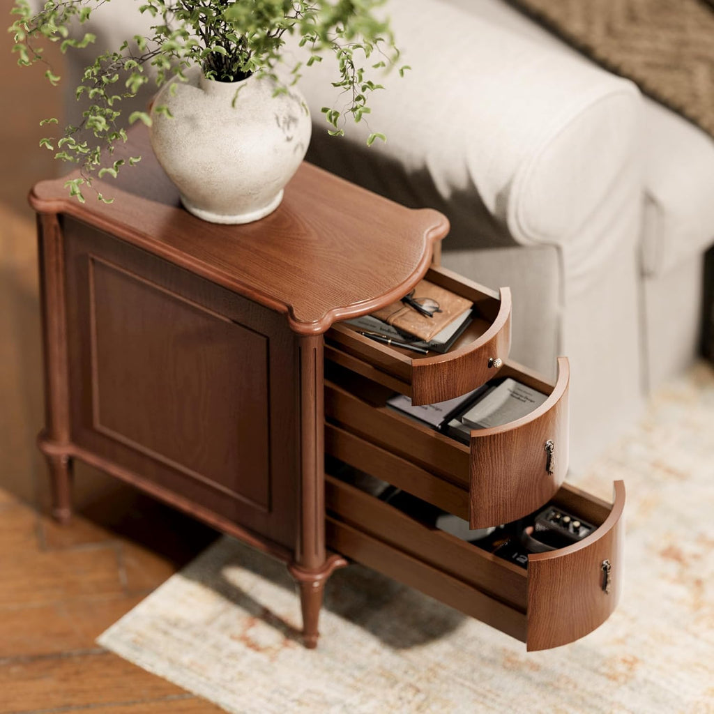 Nightstand w/Charging Station & 3 Drawers, Pre-Assembled, Vintage Side Table w/Antique-Finished Pulls, Rustic Wood