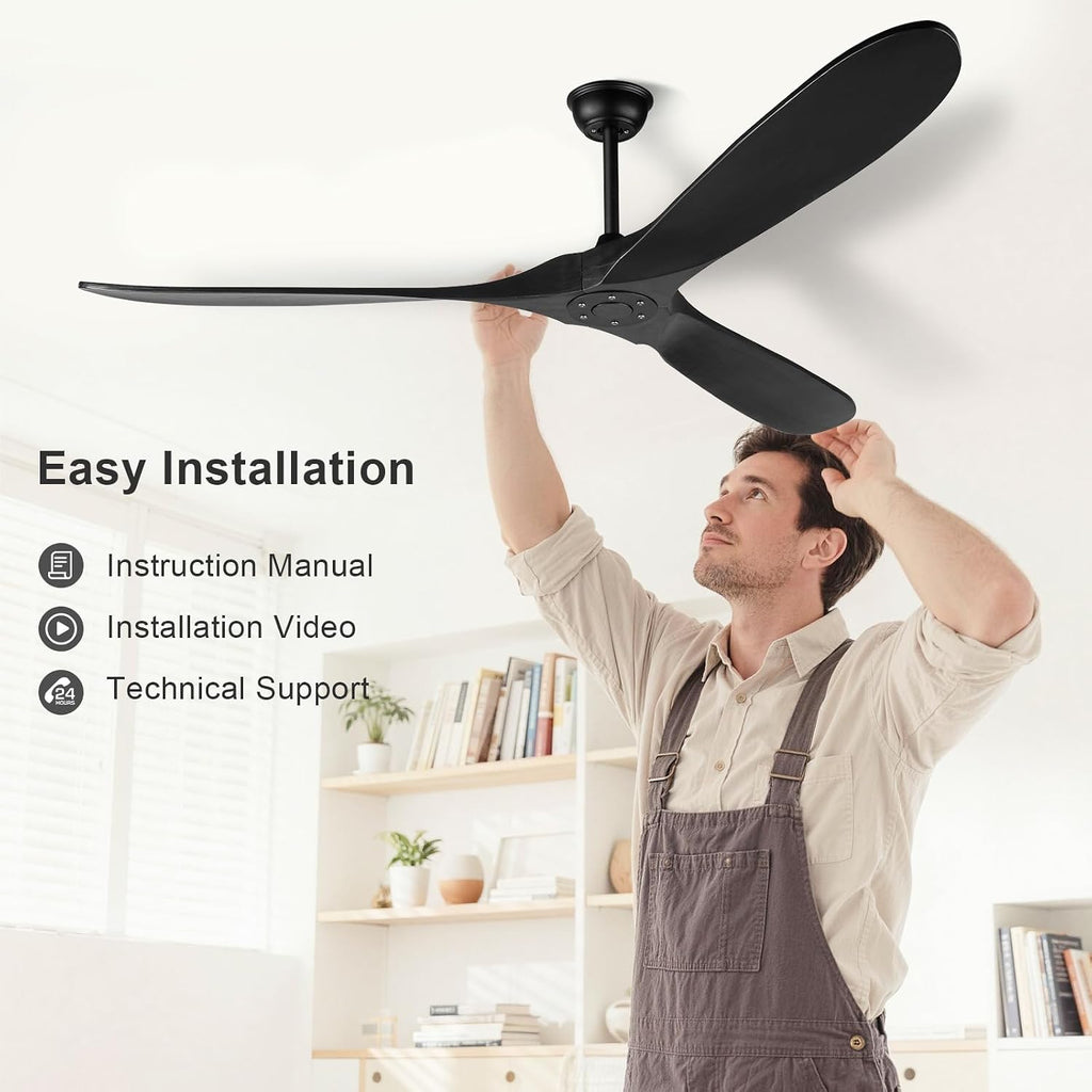 72 Inch Black Ceiling Fan No Light，Wood Indoor Outdoor Ceiling Fan Without Lights for Patios Living Room Gazebo