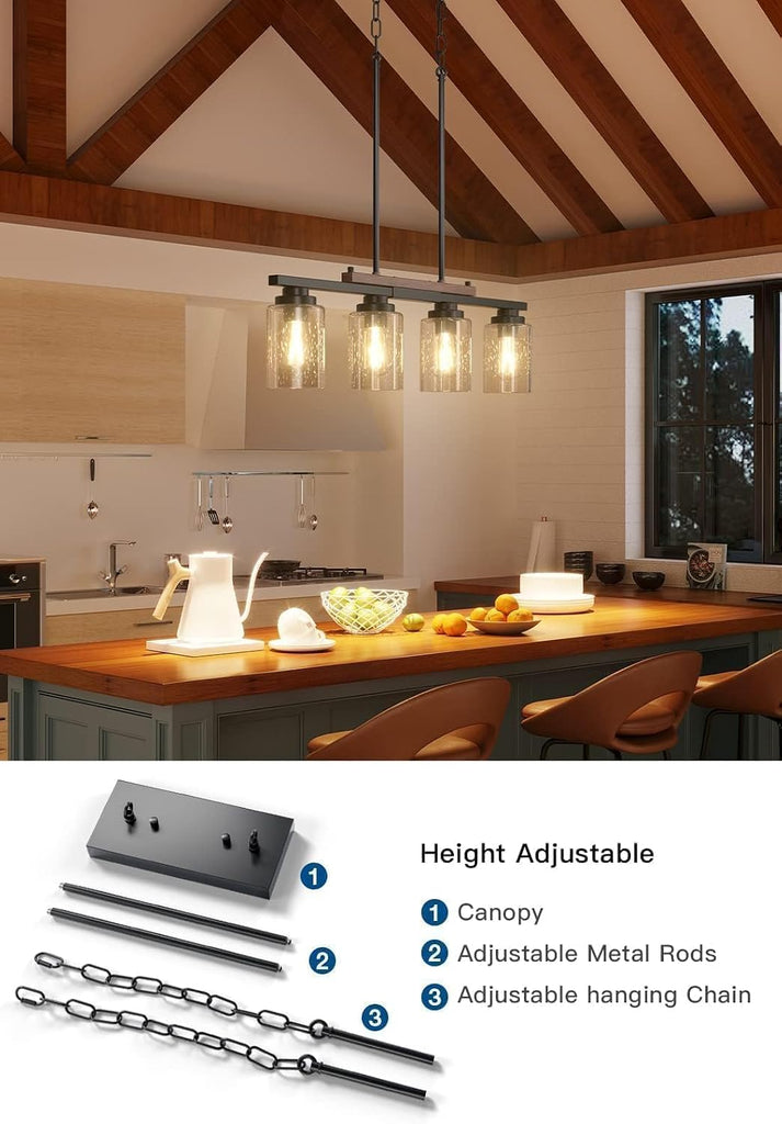 Dining Room Light Fixture 4-Light Kitchen Island Lighting with Adjustable Rods, Farmhouse Decor Black Metal & Wood