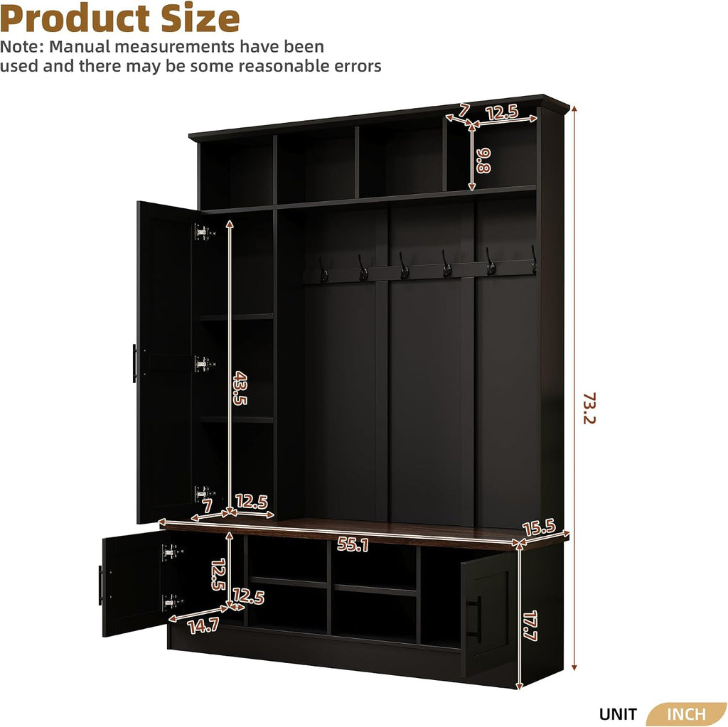 Rustic Hall Tree with Bench and Shoe Storage, 55''W Entryway Bench with Coat Rack, 6 Hooks, Storage Cabinets & Top