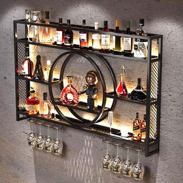 X3 39in Wine Rack with LED Lighting Wall Mounted Glass Holder, 3-Tiers Liquor Bottles Shelves Display Storage
