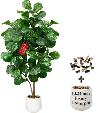 Faux Fiddle Leaf Fig Tree 6ft Tall Indoor Fake Tree in White Pot with 106 Leaves Artificial Ficus Lyrata House Plant
