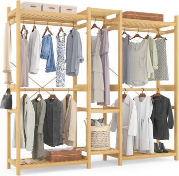 Bamboo Closet System Clothes Rack, Large Freestanding Garment Rack Clothing Rack for Hanging Clothes with 7 Storage