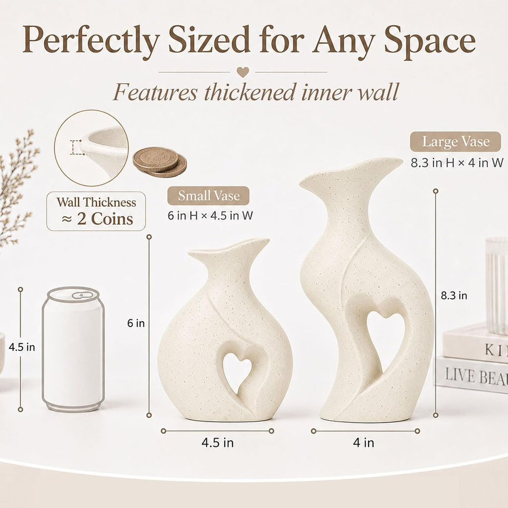 Heart Shaped Flower Vase Set of 2 Boho Modern Ceramic Vase (Cream) | Coffee Table Vase, Couples Wedding Gifts
